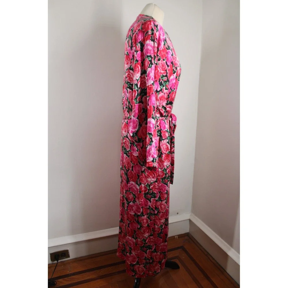 Vtg Victoria's Secret S Pink Floral Silk Maxi Robe Long Sleeve Belt Wrap Pocket
